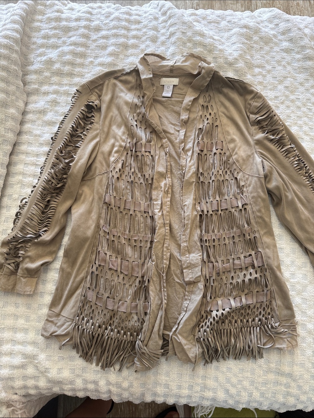 Chico's Taupe Cutout Fringe Open-Front Leather Jacket